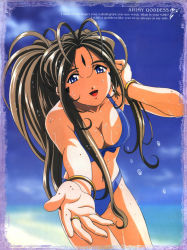 Rule 34 | 1girl, aa megami-sama, beach, belldandy, bikini, blue eyes, blush, bracelet, breasts, brown hair, cleavage, day, facial mark, female focus, forehead mark, foreshortening, front-tie top, jewelry, large breasts, long hair, outdoors, sky, solo, swimsuit