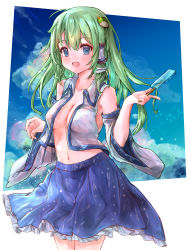 Rule 34 | 1girl, :d, absurdres, bare shoulders, blue eyes, blue skirt, border, breasts, cloud, collarbone, cowboy shot, detached sleeves, food, frog hair ornament, green hair, hair between eyes, hair ornament, hair tubes, highres, holding food, holding ice cream, ice cream, ikazuchi akira, kochiya sanae, light particles, long hair, long sleeves, looking at viewer, medium breasts, navel, open clothes, open mouth, open shirt, outdoors, petticoat, popsicle, skirt, sky, smile, snake hair ornament, solo, touhou, white border, wide sleeves