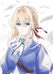 Rule 34 | 1girl, blonde hair, blue jacket, braid, french braid, green brooch, hair ribbon, highres, jacket, juliet sleeves, kaijin-m, letter, long sleeves, looking at viewer, parted lips, puffy sleeves, red ribbon, ribbon, simple background, solo, upper body, violet evergarden, violet evergarden (series), white background