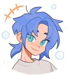 Rule 34 | 1boy, aqua eyes, blouse, blue-haired boy (how to draw manga), blue hair, blush, bubble, closed mouth, derivative work, forehead, grey shirt, hair intakes, happy, how to draw manga, how to draw manga redraw challenge (meme), light blush, looking at viewer, male focus, meme, ninjyace, nose blush, ponytail, shirt, short hair, sidelocks, simple background, sketch, smile, solo, upper body, white background