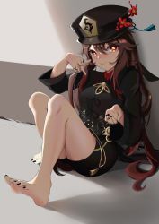 Rule 34 | 1girl, absurdres, barefoot, blush, brown hair, chinese clothes, feet, genshin impact, hat, highres, hu tao (genshin impact), jewelry, long hair, looking at viewer, red eyes, ring, soles, symbol-shaped pupils, toes