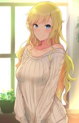 Rule 34 | 14sai bishoujo (shoutarou), 1girl, argyle, argyle clothes, argyle sweater, bare shoulders, blonde hair, blue eyes, blush, breasts, collarbone, highres, idolmaster, idolmaster cinderella girls, long hair, looking at viewer, medium breasts, ohtsuki yui, plant, potted plant, smile, solo, standing, sunlight, sweater, window
