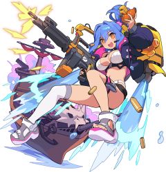 Rule 34 | 1girl, amelia (world flipper), ammunition belt, anchor, arm up, artist request, bikini, bikini under clothes, black choker, black shorts, blue hair, blue jacket, blush, breasts, cannon, casing ejection, choker, explosive, female focus, finger on trigger, firing, flying, full body, grenade, gun, hair between eyes, hair intakes, hair ornament, hair ribbon, hand up, headset, highres, holding, holding grenade, holding gun, holding weapon, jacket, jetpack, large breasts, light blush, light machine gun, long hair, long sleeves, micro shorts, multicolored footwear, muzzle flash, navel, non-web source, official art, open clothes, open jacket, ponytail, puffy long sleeves, puffy sleeves, ribbon, sandals, shell casing, ship, short shorts, shorts, sidelocks, single thighhigh, skindentation, skull, smoke, solo, sticker, stomach, swimsuit, teeth, thigh strap, thighhighs, transparent background, two-sided fabric, two-sided jacket, water, watercraft, weapon, white thighhighs, world flipper, yellow ribbon