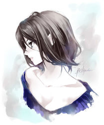 Rule 34 | 1girl, bare shoulders, black hair, breasts, brown hair, cleavage, collarbone, kousaki rui, looking away, looking to the side, original, short hair, simple background, small breasts, solo, upper body, white background