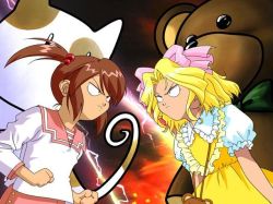 Rule 34 | 00s, 2girls, ahoge, angry, bag, bear, blonde hair, bow, brown hair, cat, clenched hand, clenched hands, coquelicot (sakura taisen), faceoff, hair bobbles, hair bow, hair ornament, handbag, iris chateaubriand, jean paul, lightning, multiple girls, pink bow, sakura taisen, sakura taisen iii, short hair, short twintails, stuffed animal, stuffed toy, teddy bear, thunder, twintails