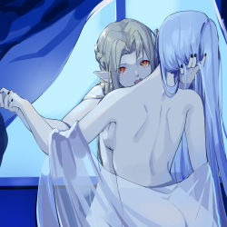 Rule 34 | 2girls, ass, back, black nails, braid, breast press, chinese commentary, commentary request, curtains, eyes visible through hair, fangs, fingernails, highres, holding, holding hands, implied yuri, indoors, long hair, looking at viewer, multiple girls, nail polish, nude, open mouth, original, pointy ears, purple hair, red eyes, see-through, shijiuqaq, slit pupils, tongue, vampire