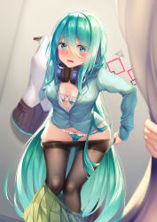 Rule 34 | 1girl, black pantyhose, blush, bra, clothes pull, curtain grab, curtains, dressing room, green eyes, green hair, hair between eyes, hair down, hatsune miku, headphones, headphones around neck, highres, long hair, looking at viewer, meion, nakano miku, name connection, open mouth, panties, pantyhose, skirt, skirt pull, thigh gap, underwear, undressing, very long hair, vocaloid, wavy mouth