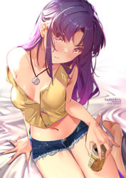 Rule 34 | 1girl, artist name, bare arms, bare legs, bare shoulders, barefoot, beer can, blue shorts, blush, breasts, can, cleavage, closed mouth, collarbone, crop top, cutoffs, denim, drink can, holding, holding can, jewelry, katsuragi misato, long hair, looking at viewer, navel, necklace, neon genesis evangelion, off shoulder, open clothes, open shirt, parted bangs, partially unbuttoned, purple eyes, purple hair, shirt, short shorts, shorts, simple background, sitting, sleeveless, sleeveless shirt, small breasts, solo, sydus, thigh gap, v-shaped eyebrows, white background, yellow shirt, yokozuwari