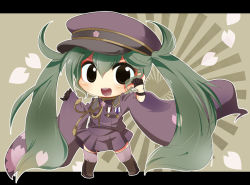 Rule 34 | 1girl, bad id, bad pixiv id, chibi, gloves, green hair, hat, hatsune miku, letterboxed, long hair, medal, open mouth, peaked cap, petals, senbon-zakura (vocaloid), skirt, solo, thighhighs, twintails, very long hair, vocaloid, yuisan