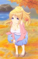 Rule 34 | 1girl, artist request, autumn, autumn leaves, ayase eli, blonde hair, blue eyes, blush, dress, fall, happy birthday, high ponytail, highres, leaf, leaves, long hair, love live!, love live! school idol project, ponytail, smile, solo
