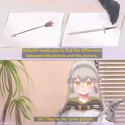 Rule 34 | 1girl, absurdres, arknights, cape, commentary, english commentary, english text, fartooth (arknights), feather hair, gauntlets, grey hair, haaiiro, highres, holding, holding sword, holding weapon, long hair, looking at viewer, meme, open mouth, plant, shirt, solo focus, sword, they&#039;re the same picture (meme), twitter username, visor (armor), weapon, white shirt, yellow eyes
