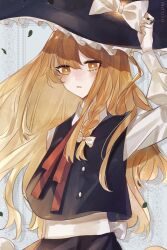 Rule 34 | 1girl, ariez, black hat, black vest, blonde hair, blush, bow, braid, bright pupils, buttons, character name, commentary, hair bow, hand on headwear, hand up, hat, hat bow, highres, kirisame marisa, long hair, long sleeves, looking at viewer, neckerchief, parted lips, red neckerchief, shirt, single braid, solo, touhou, upper body, vest, white bow, white pupils, white shirt, yellow eyes