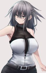 Rule 34 | 1girl, arknights, bare shoulders, belt, black belt, breasts, commentary, green eyes, grey background, grey hair, greythroat (arknights), hair between eyes, hane (8ne k), infection monitor (arknights), large breasts, long hair, looking at viewer, parted lips, shirt, simple background, sleeveless, sleeveless shirt, solo, upper body