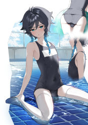 Rule 34 | 1boy, absurdres, alternate costume, black hair, blue eyes, blue hair, blush, braid, bulge, commentary, genshin impact, gradient hair, highres, kkopoli, long sleeves, male focus, multicolored hair, no shoes, open clothes, open mouth, pool, school swimsuit, short hair with long locks, sitting, solo, sweat, swimsuit, thighhighs, tongue, tongue out, trap, twin braids, venti (genshin impact), wariza, white thighhighs