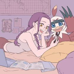 Rule 34 | 1girl, :d, alternate costume, blue eyes, book, braid, chunri (cat795812), collarbone, computer, digimon, digimon (creature), digimon adventure: last evolution kizuna, glasses, hawkmon, highres, indoors, inoue miyako, laptop, long hair, low twintails, on bed, open book, open mouth, phone, pillow, round eyewear, shirt, smile, talking on phone, teeth, tongue, twin braids, twintails, upper teeth only
