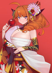 ahoge breasts dismassd dragon_girl dragon_horns flower flower_on_head highres hololive horns japanese_clothes kimono kiryu_coco kiryu_coco_(new_year) large_breasts looking_at_viewer orange_hair pointy_ears purple_eyes simple_background smile virtual_youtuber