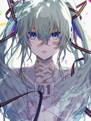 Rule 34 | 1girl, barcode, barcode tattoo, blonde hair, blue eyes, bound, eyelashes, feathered wings, feathers, green hair, hair between eyes, hair ribbon, hatsune miku, highres, hosimiya846, looking at viewer, multicolored hair, parted lips, praying, ribbon, solo, straitjacket, tattoo, twintails, upper body, vocaloid, white background, wings