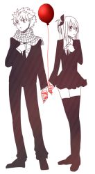 Rule 34 | 1boy, 1girl, balloon, fairy tail, formal, lucy heartfilia, natsu dragneel, necktie, pixiv sample, resized, scarf, skirt, suit, thighhighs