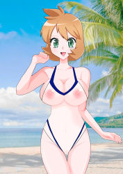 Rule 34 | 1girl, absurdres, beach, blush, breasts, censored, creatures (company), game freak, gen 1 pokemon, green eyes, hair between eyes, highres, large breasts, legs, looking at viewer, misty (pokemon), navel, nintendo, nipples, one-piece swimsuit, orange hair, palm tree, pokemon, pokemon hgss, pussy, see-through, short hair, smile, solo, swimsuit, tree, water, white one-piece swimsuit