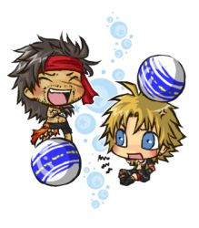 Rule 34 | ^^^, 00s, 2boys, anger vein, blitzball, blonde hair, blue eyes, brown hair, chibi, commentary, crossed arms, dissidia final fantasy, closed eyes, facial hair, father and son, final fantasy, final fantasy x, headband, jecht, laughing, lowres, male focus, multiple boys, navel, nigou (equal1014), open mouth, scar, topless male, sitting, standing, tidus