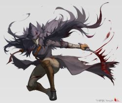 Rule 34 | 1girl, absurdres, bandages, black hat, blade of mercy, blood, blood on clothes, blood stain, bloodborne, bloody weapon, boots, cloak, coat, dual wielding, eileen the crow, feather-trimmed coat, gloves, hat, highres, holding, holding weapon, long coat, lsr, mask, pants, plague doctor mask, simple background, solo, sword, weapon, white background