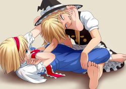 Rule 34 | 2girls, alice margatroid, asphyxiation, barefoot, blonde hair, blue eyes, braid, choke hold, dress, drooling, empty eyes, feet, hairband, hat, iromeki overdrive, kirisame marisa, multiple girls, no pupils, short hair, simple background, single braid, soles, solid eyes, strangling, submission hold, toes, touhou, witch hat, wrestling, wrist cuffs