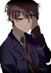 Rule 34 | 1boy, aldnoah.zero, bad id, bad pixiv id, black necktie, blue jacket, brown hair, brown vest, closed mouth, collared shirt, commentary request, eyepatch, hand over eye, hand up, hiiragi fuyuki, jacket, kaizuka inaho, long sleeves, looking at viewer, male focus, necktie, open clothes, open jacket, red eyes, shirt, simple background, smile, solo, tears, upper body, vest, white background, white shirt, wing collar