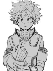 Rule 34 | 1boy, adjusting clothes, adjusting gloves, bodysuit, boku no hero academia, buthikireta, closed mouth, freckles, frown, gloves, greyscale, looking at viewer, male focus, messy hair, midoriya izuku, monochrome, short hair, simple background, solo, twitter username, upper body, white background