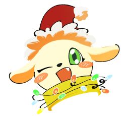Rule 34 | christmas, digimon, digimon (creature), dog, green eyes, highres, one eye closed, plotmon, solo, wink