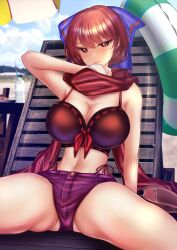 Rule 34 | 1girl, alternate costume, baseball (object), beach, bikini, black bikini, blue bow, bottle, bow, breasts, cleavage, cloud, commentary request, hair bow, highres, huge breasts, innertube, looking at viewer, navel, outdoors, red eyes, red hair, red scarf, ribbon-trimmed bikini, scarf, sekibanki, sekibanki (dullahan on the beach), shounen (hogehoge), sitting, solo, spread legs, swim ring, swimsuit, tongue, tongue out, touhou, touhou lostword, variant set, water bottle