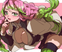 Rule 34 | 1girl, black jacket, border, braid, breasts, cleavage, cowboy shot, feet out of frame, gradient hair, green eyes, green hair, green thighhighs, hand to own mouth, highres, jacket, kanroji mitsuri, kimetsu no yaiba, large breasts, leaning forward, letterboxed, long hair, long sleeves, looking at viewer, mi cha iru, mole, mole under each eye, mole under eye, multicolored hair, multiple braids, multiple moles, nail polish, open clothes, open mouth, open shirt, pink background, pink hair, pink nails, shirt, smile, solo, thighhighs, two-tone hair, white border, white shirt