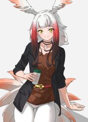Rule 34 | 1girl, bird tail, black jacket, blunt bangs, brown hair, brown shirt, casual, collarbone, commentary, cowboy shot, cup, disposable cup, dot nose, gluteal fold, gradient hair, grey background, head wings, highres, holding, holding cup, jacket, japanese crested ibis (kemono friends), jewelry, kemono friends, long hair, looking at viewer, multicolored hair, necklace, o-ring, open clothes, open jacket, pants, red hair, shirt, simple background, smile, solo, tail, tanabe (fueisei), thigh gap, white hair, white pants, wings, yellow eyes