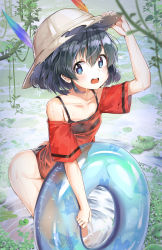 Rule 34 | 10s, 1girl, absurdres, animal ears (norankkori), arm up, black hair, black one-piece swimsuit, blue eyes, blue innertube, blush, collarbone, flower, frog, hair between eyes, hand on headwear, hat feather, highres, holding, holding swim ring, innertube, kaban (kemono friends), kemono friends, looking at viewer, lotus, lucky beast (kemono friends), no legwear, no pants, one-piece swimsuit, open mouth, outdoors, red shirt, see-through, shirt, short hair, short sleeves, solo, spaghetti strap, striped, striped sleeves, swim ring, swimsuit, swimsuit under clothes, wading, wet, wet clothes, wet shirt