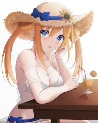Rule 34 | 1girl, bare arms, bare shoulders, bendy straw, bikini, blonde hair, blue bow, blue eyes, blue ribbon, blush, bow, breasts, brown hat, cleavage, collarbone, commentary request, cup, drink, drinking glass, drinking straw, flower, hair between eyes, hair rings, halterneck, hand up, hat, hat bow, hat flower, highres, keenh, long hair, looking at viewer, medium breasts, neptune (series), orange hair, orange heart (neptunia), parted lips, power symbol, power symbol-shaped pupils, ribbon, see-through, shin jigen game neptune vii, signature, simple background, sitting, solo, straw hat, string bikini, sunflower, swimsuit, symbol-shaped pupils, table, tennouboshi uzume, twintails, white background, white bikini, yellow flower