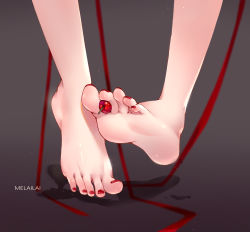 Rule 34 | 1girl, artist name, barefoot, feet, food, foot focus, gradient background, grey background, legs, melailai, nail polish, original, out of frame, red nails, soles, solo, toenail polish, toenails, toes
