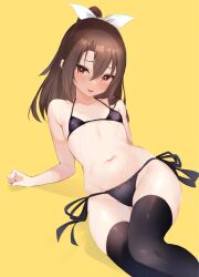Rule 34 | 1girl, alternate breast size, bikini, black thighhighs, breasts, brown eyes, brown hair, feet out of frame, high ponytail, highres, kantai collection, long hair, lying, micro bikini, side-tie bikini bottom, small breasts, solo, swimsuit, thighhighs, yellow background, zarashi, zuihou (kancolle)