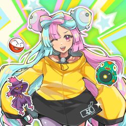 Rule 34 | 1girl, ;d, bellibolt, black shorts, bow-shaped hair, character hair ornament, collarbone, commentary, creatures (company), electrode (pokemon), eyelashes, game freak, gen 4 pokemon, hair ornament, happy, highres, iono (pokemon), jacket, long sleeves, looking at viewer, ming-shuang, mismagius, multicolored hair, nintendo, one eye closed, open mouth, pink eyes, pokemon, pokemon sv, shorts, single leg pantyhose, sleeves past fingers, sleeves past wrists, smile, sparkle, star (symbol), star print, symbol-only commentary, teeth, two-tone hair, upper teeth only, yellow jacket