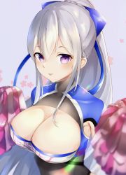 Rule 34 | 1girl, absurdres, armpit cutout, azur lane, bad id, bad pixiv id, blue shirt, blurry, bodysuit, bow, braid, breasts, casablanca (azur lane), casablanca (cheer squad on break) (azur lane), cheerleader, cleavage, cleavage cutout, clothing cutout, crop top, depth of field, hair bow, highres, holding, holding pom poms, large breasts, long hair, looking at viewer, noraneri, pom pom (cheerleading), pom poms, ponytail, purple eyes, shirt, sidelocks, silver hair, solo, tongue, tongue out, upper body
