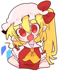 Rule 34 | 1girl, ascot, blonde hair, bow, crystal, fangs, flandre scarlet, hat, hat ribbon, highres, medium hair, mob cap, one side up, op na yarou, puffy short sleeves, puffy sleeves, red bow, red eyes, red ribbon, red vest, ribbon, shirt, short sleeves, simple background, solo, touhou, vest, white background, white hat, white shirt, wings