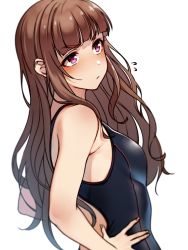 Rule 34 | 1girl, armpits, black one-piece swimsuit, brown hair, closed mouth, competition swimsuit, frown, hands on own hips, highres, idolmaster, idolmaster cinderella girls, kakaobataa, kamiya nao, long hair, looking at viewer, one-piece swimsuit, pink eyes, simple background, solo, swimsuit, upper body, white background