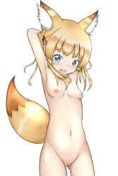 Rule 34 | 1girl, animal ears, armpits, arms behind head, arms up, blonde hair, blue eyes, blush, breasts, cowboy shot, female focus, fox ears, fox tail, hair ornament, hair ribbon, highres, kemomimi oukoku kokuei housou, long hair, looking at viewer, mikoko (kemomimi oukoku kokuei housou), navel, nipples, nude, open mouth, pussy, ribbon, simple background, small breasts, solo, tail, uncensored, white background, yuururu (user rwyk7834)