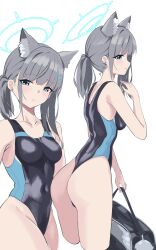 Rule 34 | 1girl, animal ear fluff, animal ears, ass, bag, black one-piece swimsuit, blue archive, blue eyes, breasts, commentary, competition swimsuit, covered navel, cropped legs, cross hair ornament, extra ears, grey hair, hair ornament, halo, highres, looking at viewer, low ponytail, lylylycctv, medium breasts, medium hair, mismatched pupils, multicolored clothes, multicolored swimsuit, multiple views, official alternate costume, one-piece swimsuit, one-piece thong, shiroko (blue archive), shiroko (swimsuit) (blue archive), simple background, standing, swimsuit, white background, wolf ears