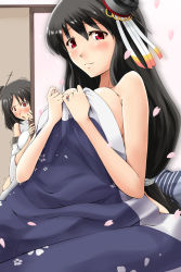 Rule 34 | 10s, 2girls, bed sheet, black hair, blanket, blood, cherry blossoms, covering privates, covering breasts, detached sleeves, fusou (kancolle), hair ornament, highres, japanese clothes, kantai collection, looking at viewer, mice (sake nomitai), micesakenomitai, multiple girls, naked blanket, naked sheet, nosebleed, petals, red eyes, siblings, sisters, trembling, triangle mouth, wide sleeves, yamashiro (kancolle)