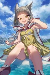 Rule 34 | 1girl, :d, beach, blue sky, blunt bangs, chest jewel, cloud, cloudy sky, dress swimsuit, highres, looking at viewer, nia (fancy sundress) (xenoblade), nia (xenoblade), nopon, ocean, one-piece swimsuit, open mouth, outdoors, short hair, silver hair, sky, smile, solo, swimsuit, thupoppo, water, xenoblade chronicles (series), xenoblade chronicles 2, yellow eyes, yellow one-piece swimsuit