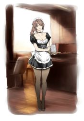Rule 34 | 1girl, apron, bad id, bad pixiv id, black pantyhose, breasts, brown hair, cafe, choker, full body, indoors, large breasts, long hair, looking at viewer, maid, maid apron, maid headdress, original, pantyhose, pitcher (container), ponytail, q azieru, smile, solo, standing, waist apron, waitress, yellow eyes