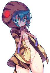 Rule 34 | 10s, 1girl, ahoge, aqua eyes, aqua hair, blush, breasts, cleavage, closed mouth, dress, glowing, glowing eye, groin, hands in pockets, hood, hood up, hoodie, kanibasami, kemono friends, long tail, looking at viewer, naked hoodie, navel, no legwear, no panties, ribbon, shiny skin, simple background, small breasts, smile, solo, standing, striped clothes, striped hoodie, striped tail, sweater, sweater dress, tail, thighs, tsuchinoko (kemono friends), white background, wide hips