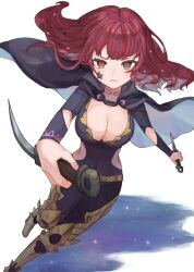 Rule 34 | 1girl, armor, belt, bodysuit, breasts, cape, choker, cleavage, cleavage cutout, clothing cutout, facial mark, fire emblem, fire emblem engage, full body, highres, holding, holding weapon, kans0u55, knife, large breasts, long hair, looking at viewer, medium breasts, nintendo, red eyes, red hair, side cutout, solo, star (symbol), weapon, white background, yunaka (fire emblem)