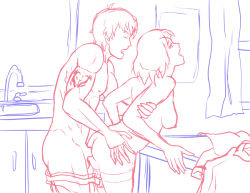 Rule 34 | 1boy, 1girl, arm tattoo, eunnie, kitchen, muscular, muscular arms, muscular legs, muscular male, rwby, sex, sex from behind, sketch, summer rose, taiyang xiao long, tattoo, unfinished
