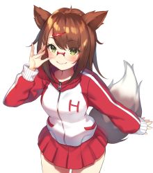 Rule 34 | 1girl, adjusting eyewear, animal ears, blush, breasts, brown hair, closed mouth, commentary request, eyes visible through hair, glasses, green eyes, hair ornament, hairpin, highres, hiiragi channel, hiiragi ryou (vtuber), indie virtual youtuber, jacket, long sleeves, looking at viewer, medium hair, multicolored clothes, pleated skirt, pokachu, red-framed eyewear, red jacket, red skirt, sidelocks, simple background, skirt, small breasts, smile, solo, standing, virtual youtuber, white background, white jacket, zipper, zipper pull tab