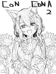 Rule 34 | 1girl, absurdres, animal ear fluff, animal ears, bow, commentary request, facial mark, flower, fox ears, greyscale, hair between eyes, hair bow, head tilt, highres, looking at viewer, monochrome, open mouth, original, ribbed sweater, simple background, solo, sweater, upper body, white background, yuuji (yukimimi)